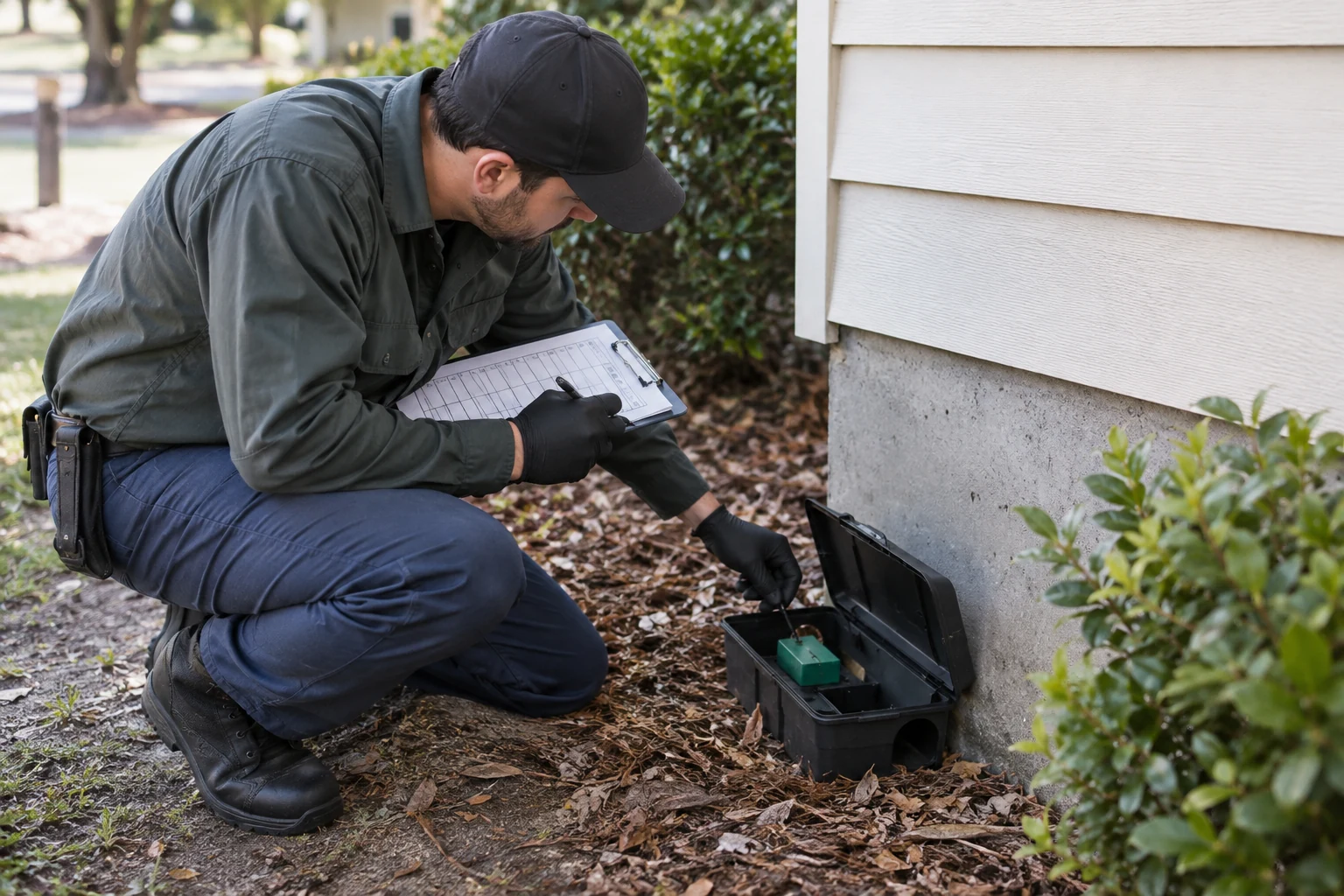 Pest control technician inspecting a property for landlord mouse control