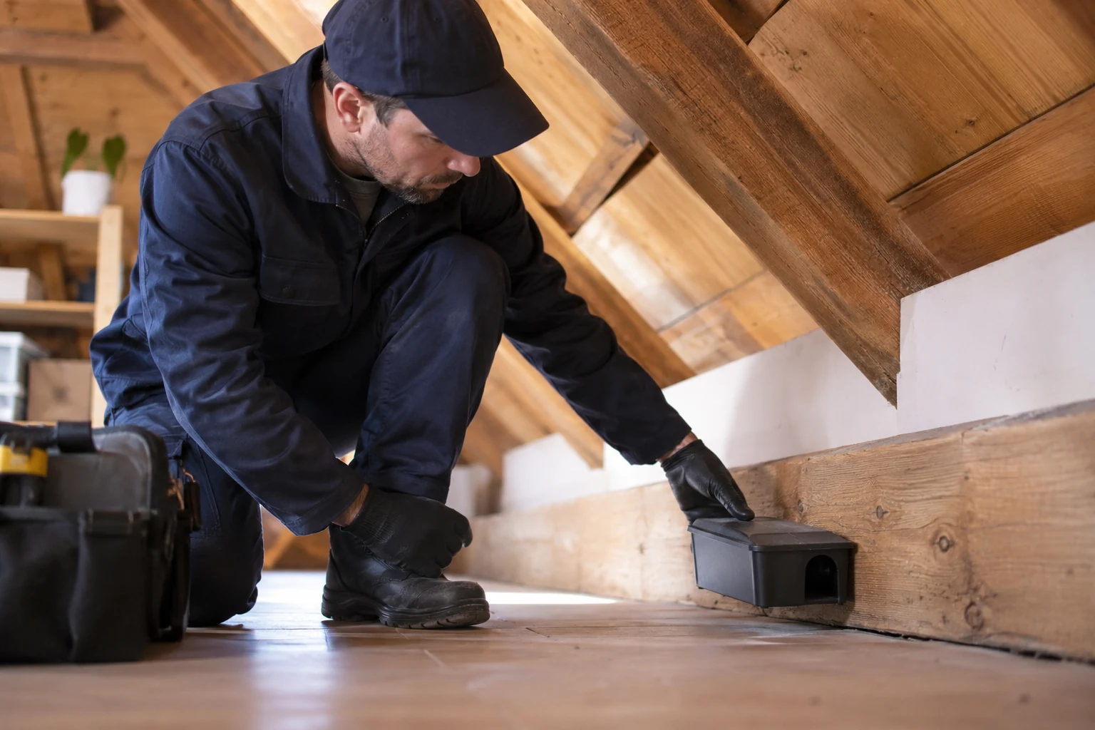 Pest control technician inspecting a property for mouse proofing