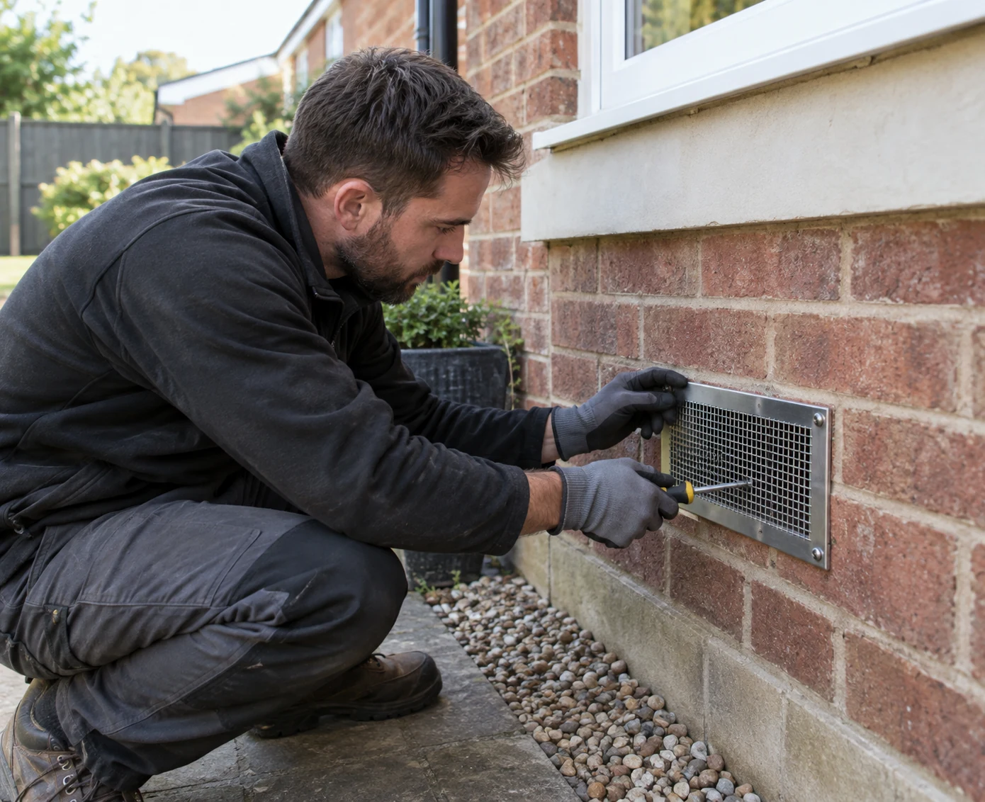 Pest control technician inspecting a property for residential mouse control